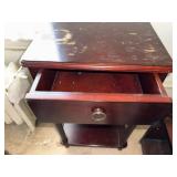 2 Drawer Mahogany Finish End Table Nightstand Fluted Legs Worn Top
