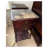 2 Drawer Mahogany Finish End Table Nightstand Fluted Legs Worn Top
