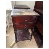 2 Drawer Mahogany Finish End Table Nightstand Fluted Legs Worn Top