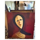 Large Vintage Abstract Portrait Painting on Canvas 32in Mid Century