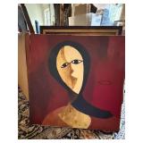 Large Vintage Abstract Portrait Painting on Canvas 32in Mid Century