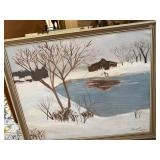 Framed Signed Winter Landscape Painting on Board Decorative Wall Art