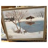 Framed Signed Winter Landscape Painting on Board Decorative Wall Art