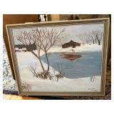 Framed Signed Winter Landscape Painting on Board Decorative Wall Art