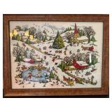 Vintage Framed Embroidered Winter Village Scene Wall Art 26x20