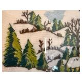 Vintage Framed Embroidered Winter Village Scene Wall Art 26x20