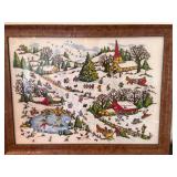 Vintage Framed Embroidered Winter Village Scene Wall Art 26x20