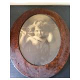 Antique Oval Framed Sepia Child Portrait Print Convex Glass 21in