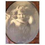 Antique Oval Framed Sepia Child Portrait Print Convex Glass 21in