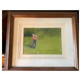 Signed Framed Golf Art Print Golfer on Green Wood Frame 13x10 VG