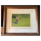 Signed Framed Golf Art Print Golfer on Green Wood Frame 13x10 VG