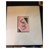 Signed Abstract Mixed Media Framed Artwork Pink Black c.1939 12in