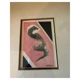 Signed Abstract Mixed Media Framed Artwork Pink Black c.1939 12in