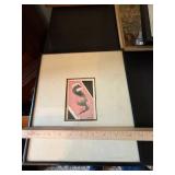 Signed Abstract Mixed Media Framed Artwork Pink Black c.1939 12in