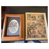 Two Framed Decorative Art Prints Bird Oval Mat & Peasant Scene