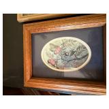 Two Framed Decorative Art Prints Bird Oval Mat & Peasant Scene