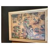 Two Framed Decorative Art Prints Bird Oval Mat & Peasant Scene