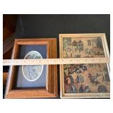 Two Framed Decorative Art Prints Bird Oval Mat & Peasant Scene