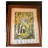 Framed Vintage Birch Forest Cabin Landscape Print Signed Sturner