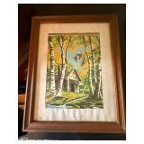 Framed Vintage Birch Forest Cabin Landscape Print Signed Sturner