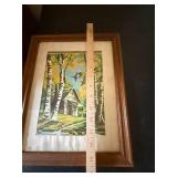Framed Vintage Birch Forest Cabin Landscape Print Signed Sturner