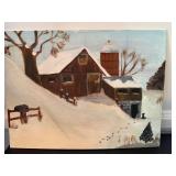 Original Winter Farm Landscape Acrylic Painting on Canvas 12x16