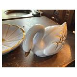 Ceramic Swan Vanity Set Gold Trim 3 Pc Figurines & Dish Good