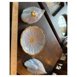 Ceramic Swan Vanity Set Gold Trim 3 Pc Figurines & Dish Good