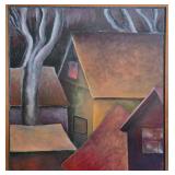 Signed 1985 Abstract Village Landscape Painting Framed Canvas Art