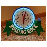 Rolling Rock Neon Clock - 12 Inch Round Lighted Sign with Blue Neon Ring