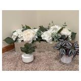 Artificial White Hydrangea Bouquet with Eucalyptus in Two White Ceramic Vases