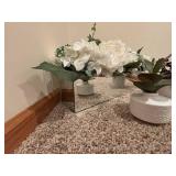 Artificial White Hydrangea Bouquet with Eucalyptus in Two White Ceramic Vases