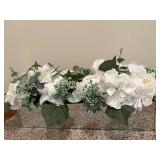 Artificial White Hydrangea Bouquet with Eucalyptus in Two White Ceramic Vases