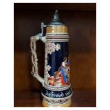 German Beer Stein with Pewter Lid - Hand Painted Scene, In Freud Und Leid