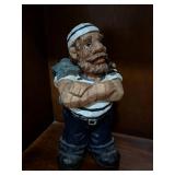 Hand-Carved Wooden Sailor Figurine with Pipe on Base