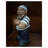 Hand-Carved Wooden Sailor Figurine with Pipe on Base
