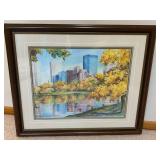 Framed Cityscape Painting with Autumn Trees - Signed Lower Left