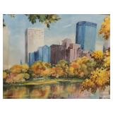 Framed Cityscape Painting with Autumn Trees - Signed Lower Left