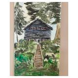 Original Forest Cabin Landscape Painting on Canvas - Folk Art Style