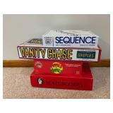 Sequence, Apples to Apples, Scattergories & Vanity Chase Board Games (Lot of 4)