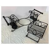 Wrought Iron Plant Stand with Scrollwork and Central Grid Shelf