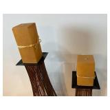 Pair of Woven Floor Sculptures on Black Bases with Cardboard Boxes
