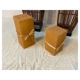 Pair of Woven Floor Sculptures on Black Bases with Cardboard Boxes