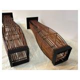 Pair of Woven Floor Sculptures on Black Bases with Cardboard Boxes