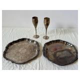 International Silver Co. Silver Plate Champagne Flutes & Engraved Trays (Lot of 4)