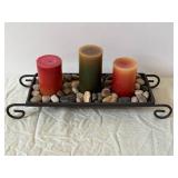 Decorative Lava Lamp Centerpiece with Three Pillar Candles on Pebble Tray