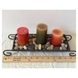 Decorative Lava Lamp Centerpiece with Three Pillar Candles on Pebble Tray