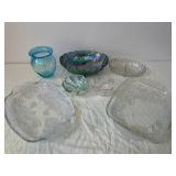 Iridescent Carnival Glass Vase & Rainbow Bowl with Clear Floral Dishes - Assorted Glassware