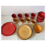 Gibson Home Dinnerware Set - Red and Yellow Swirl Mugs, Bowls & Plates