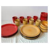 Gibson Home Dinnerware Set - Red and Yellow Swirl Mugs, Bowls & Plates